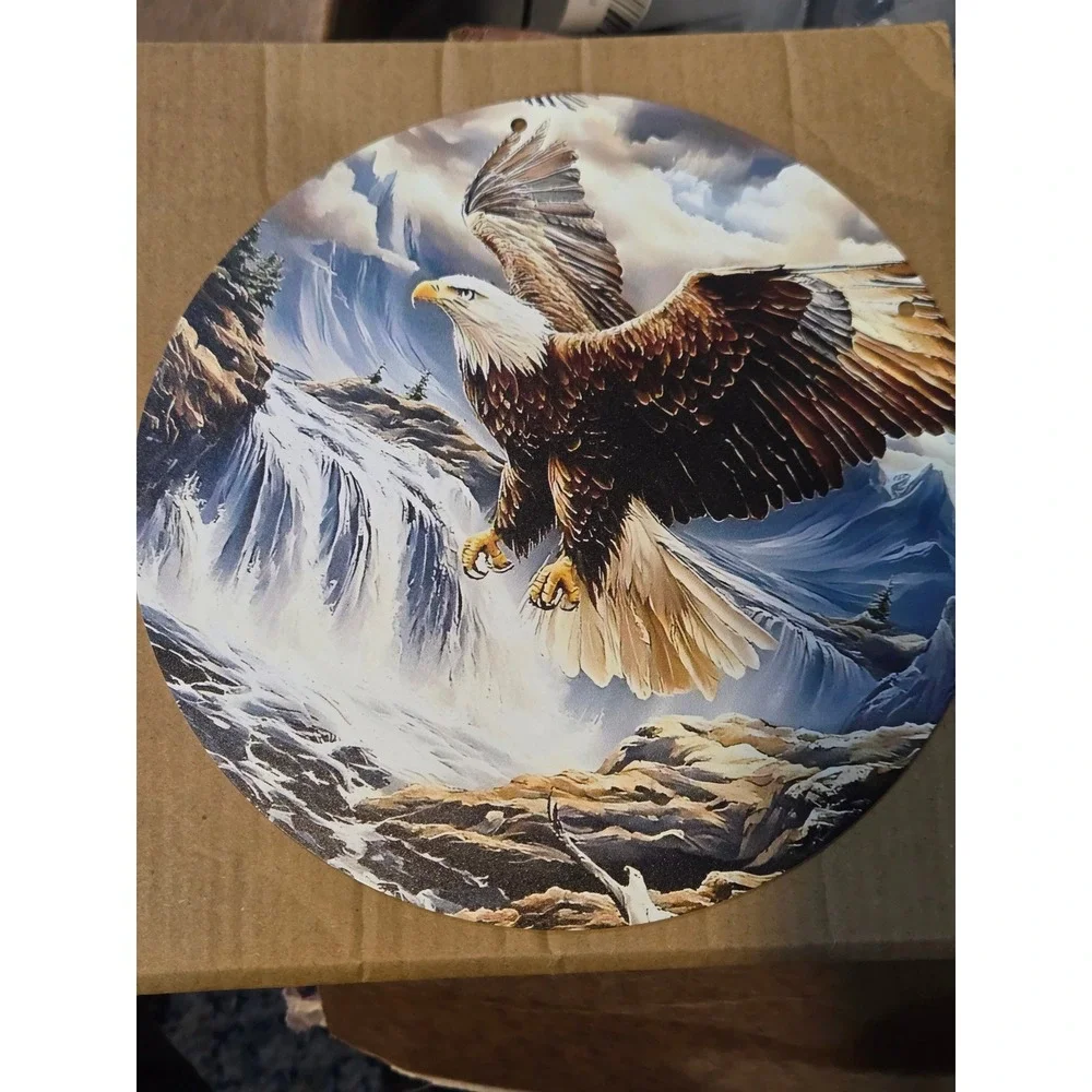 Bald Eagle Round Aluminum Metal Wall Art Sign Waterfall Mountain Decor 8 Inch *